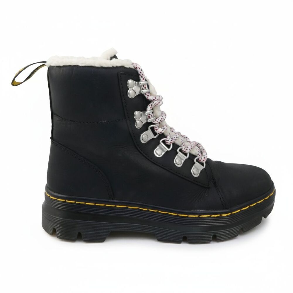 Dr. Martens Women's 6 Combs Wyoming Boots Black Sherpa Fur Lined Lace Up Shoes